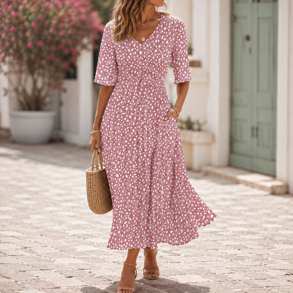 Sophia – Spotted Print Midi Dress with Flutter Sleeves
