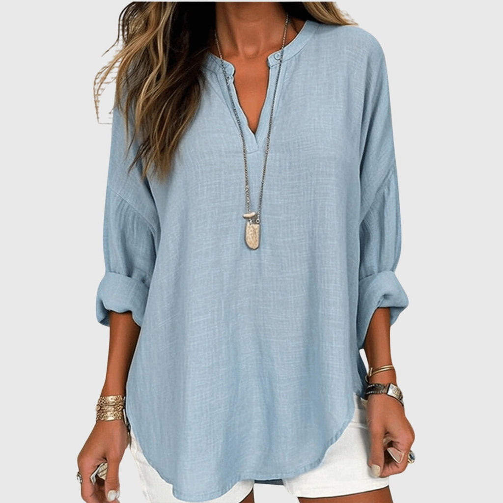 Lenara – Flowy Linen V-Neck Long Sleeve Blouse