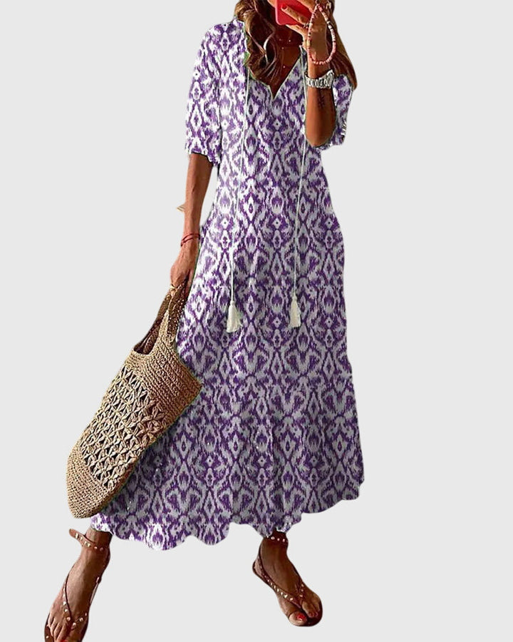 Amalia – Boho Ikat Print Midi Dress