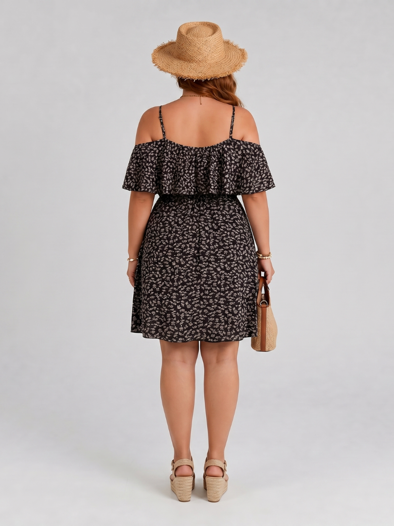 Novom | Cold Shoulder Ruffle Overlay Knee Length Dress