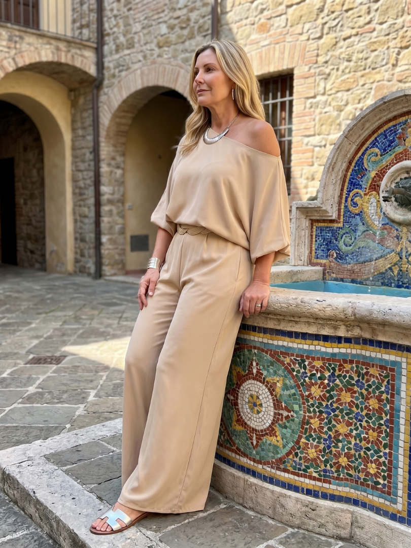 Siomara | One Shoulder Wide Sleeve Top And Wide Leg Pants Set