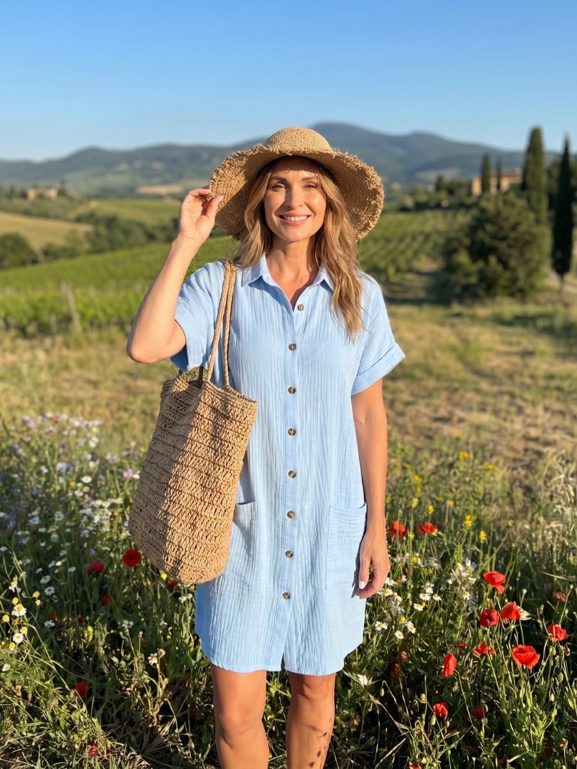 Linon | Short Sleeve Front Pockets Knee Length Dress