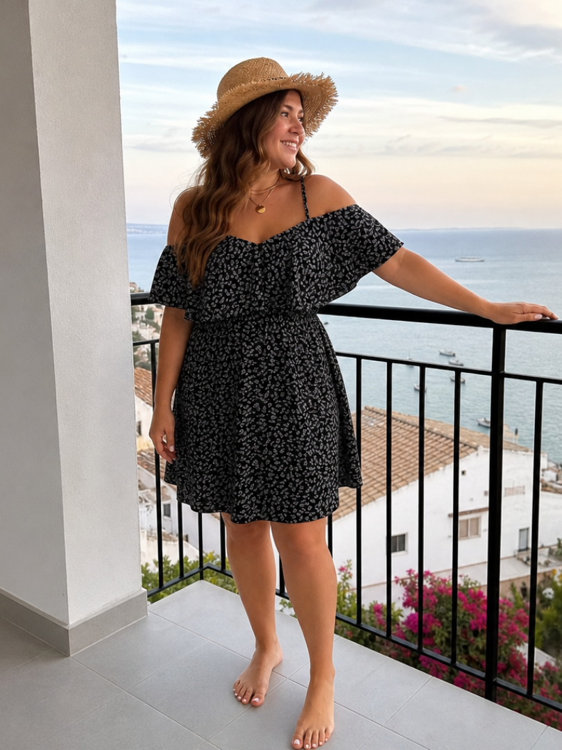 Novom | Cold Shoulder Ruffle Overlay Knee Length Dress