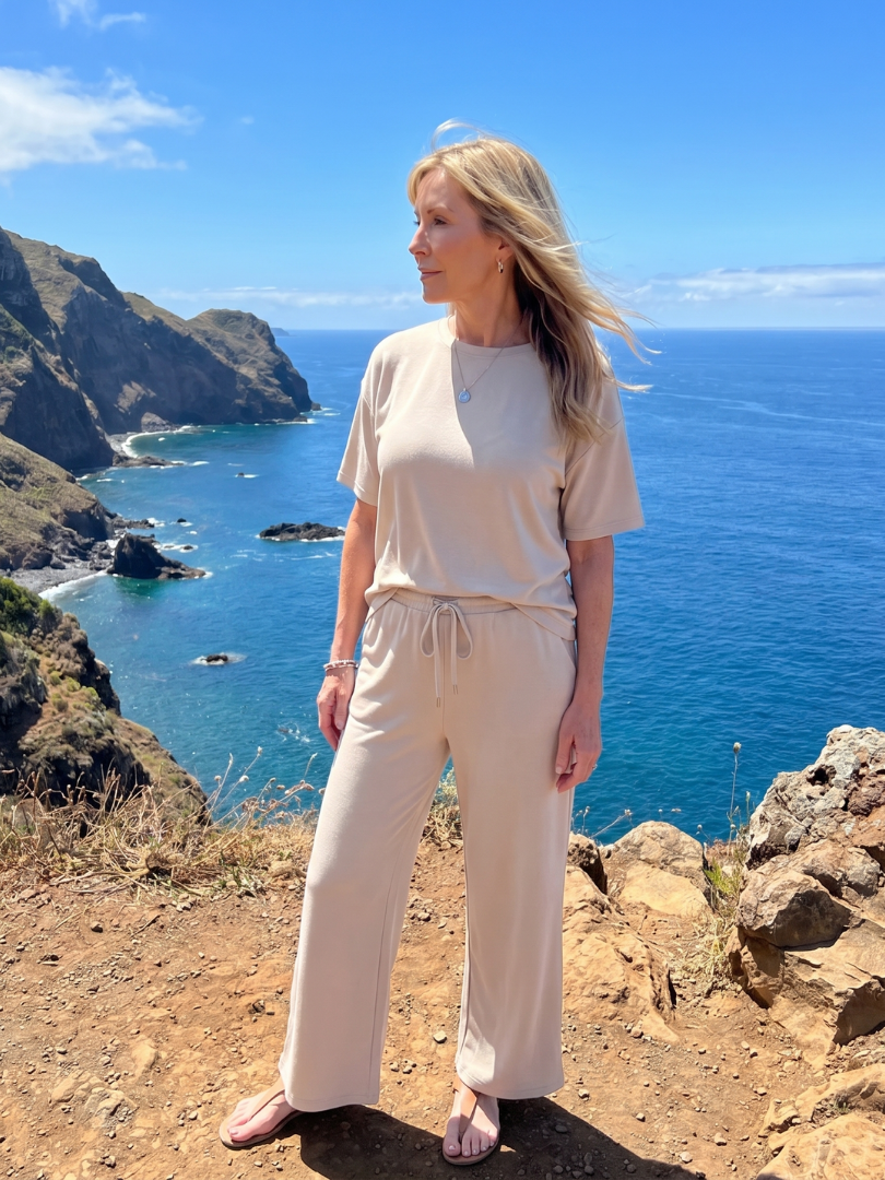 Wihel | Short Sleeve Drawstring Waist And Straight Leg Pants Set