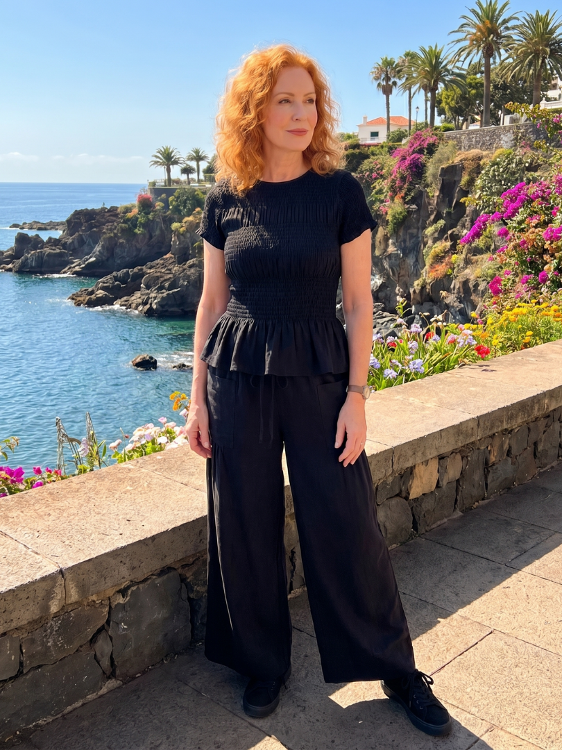 Eirenne | Peplum Detail Smocked Top And Wide Leg Pants Set