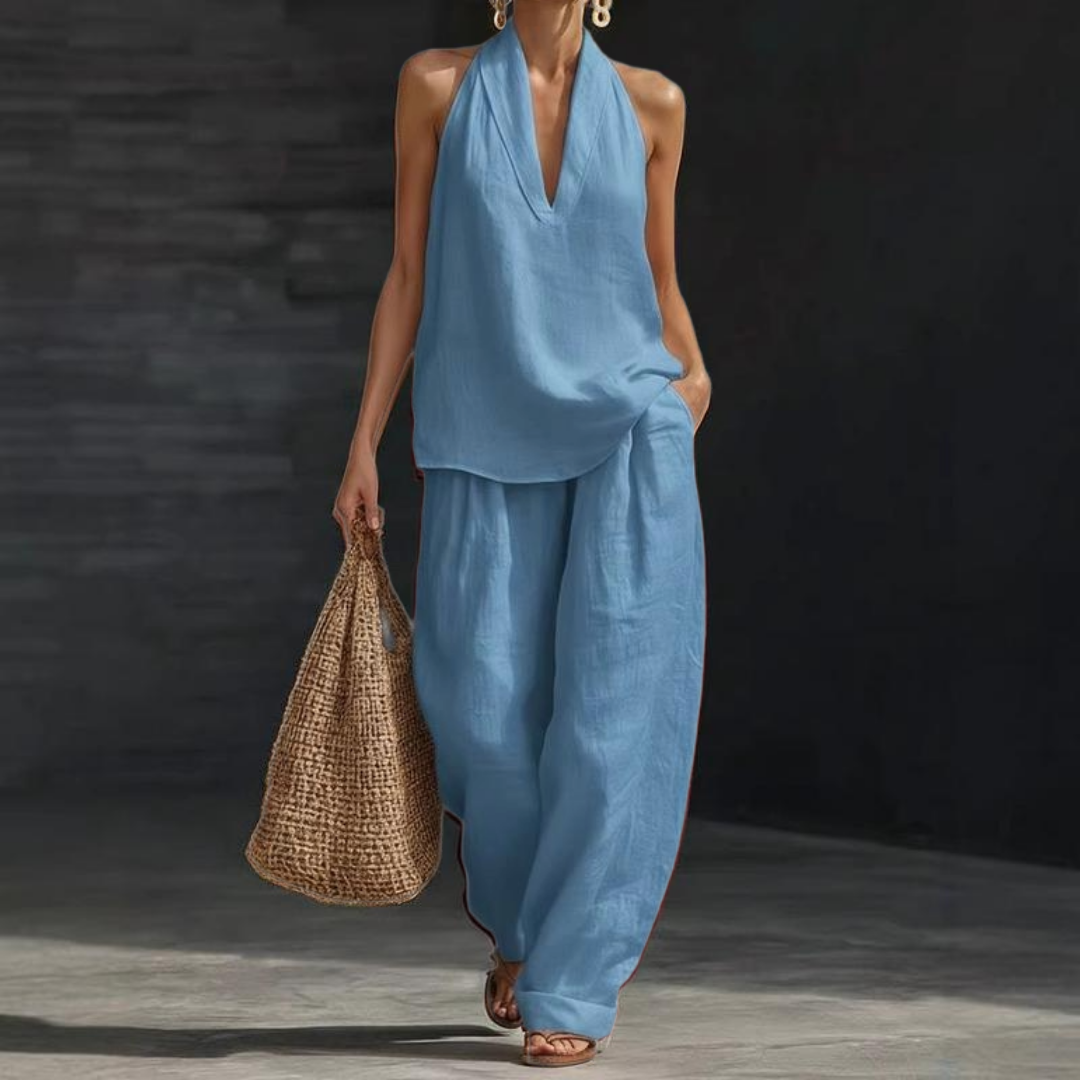 Waverly | Halter Neck V Neck Top and Wide Leg Pants Set
