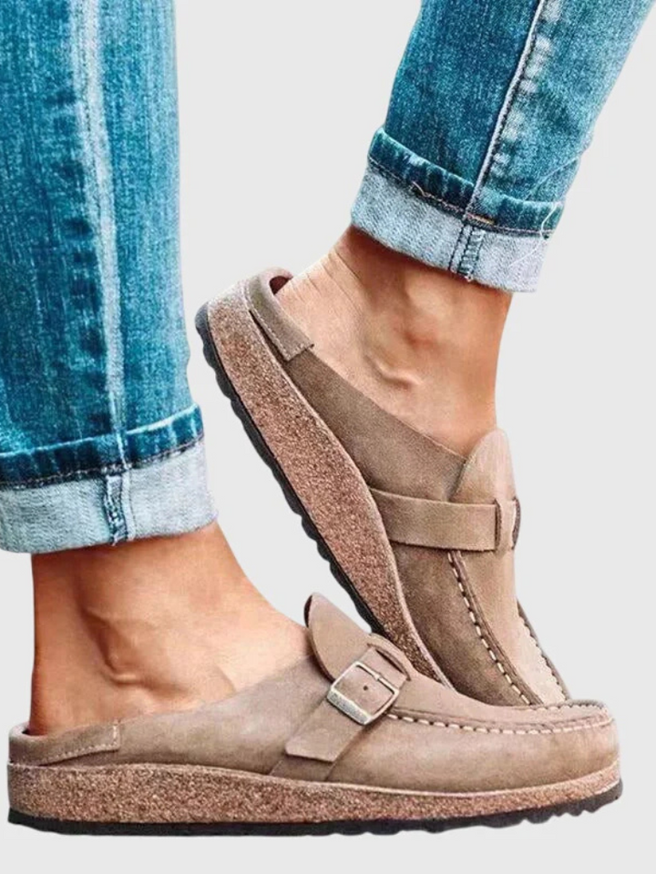 Stella – Suede Buckle Slip-On Mules