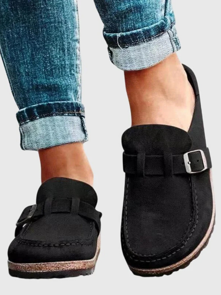 Stella – Suede Buckle Slip-On Mules