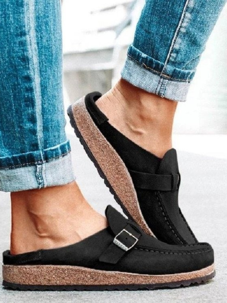 Stella – Suede Buckle Slip-On Mules