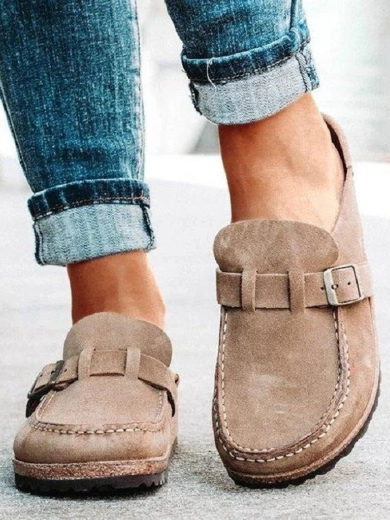 Stella – Suede Buckle Slip-On Mules