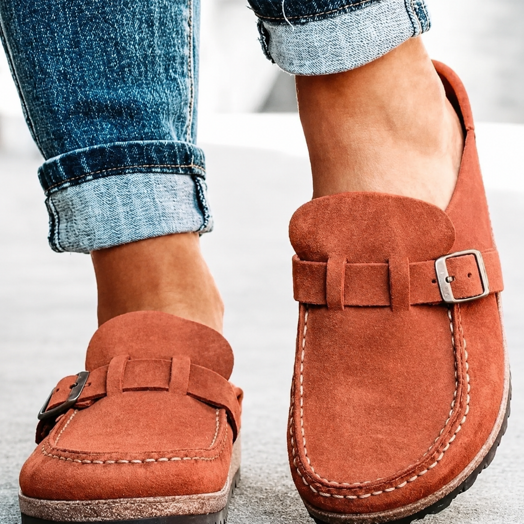 Stella – Suede Buckle Slip-On Mules