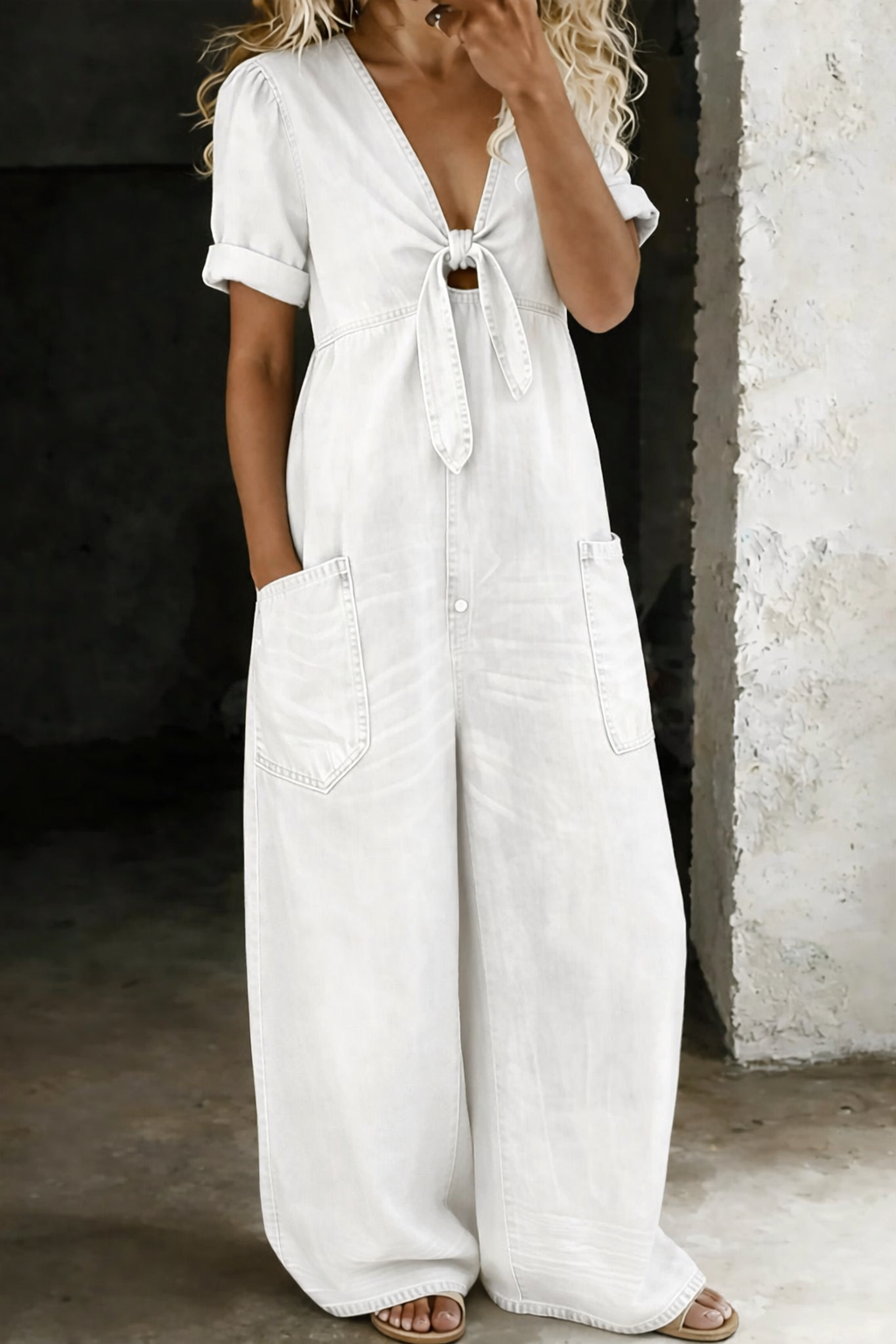 Miya – Denim V Neck Wide Leg Jumpsuit
