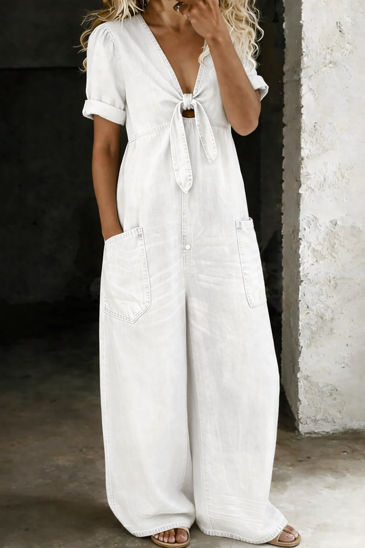 Miya – Denim V Neck Wide Leg Jumpsuit