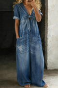 Miya – Denim V Neck Wide Leg Jumpsuit