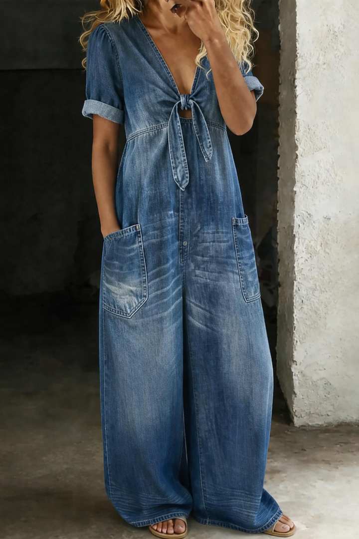 Miya – Denim V Neck Wide Leg Jumpsuit