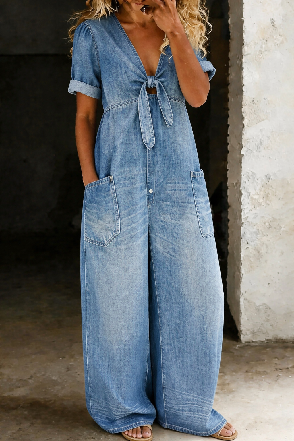 Miya – Denim V Neck Wide Leg Jumpsuit