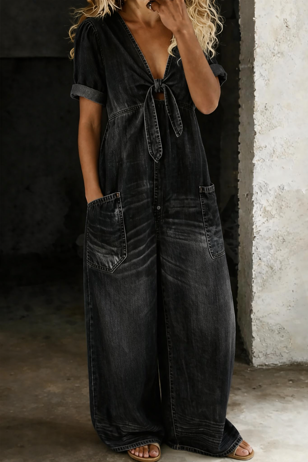 Miya – Denim V Neck Wide Leg Jumpsuit
