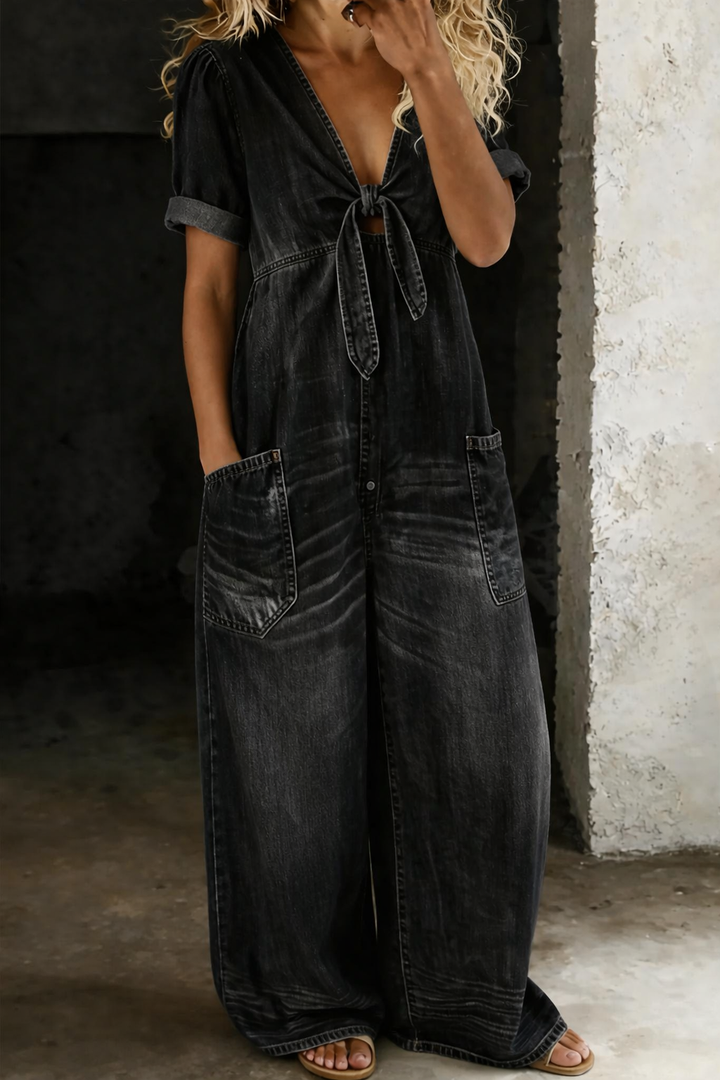 Miya – Denim V Neck Wide Leg Jumpsuit