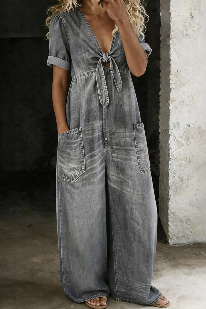 Miya – Denim V Neck Wide Leg Jumpsuit