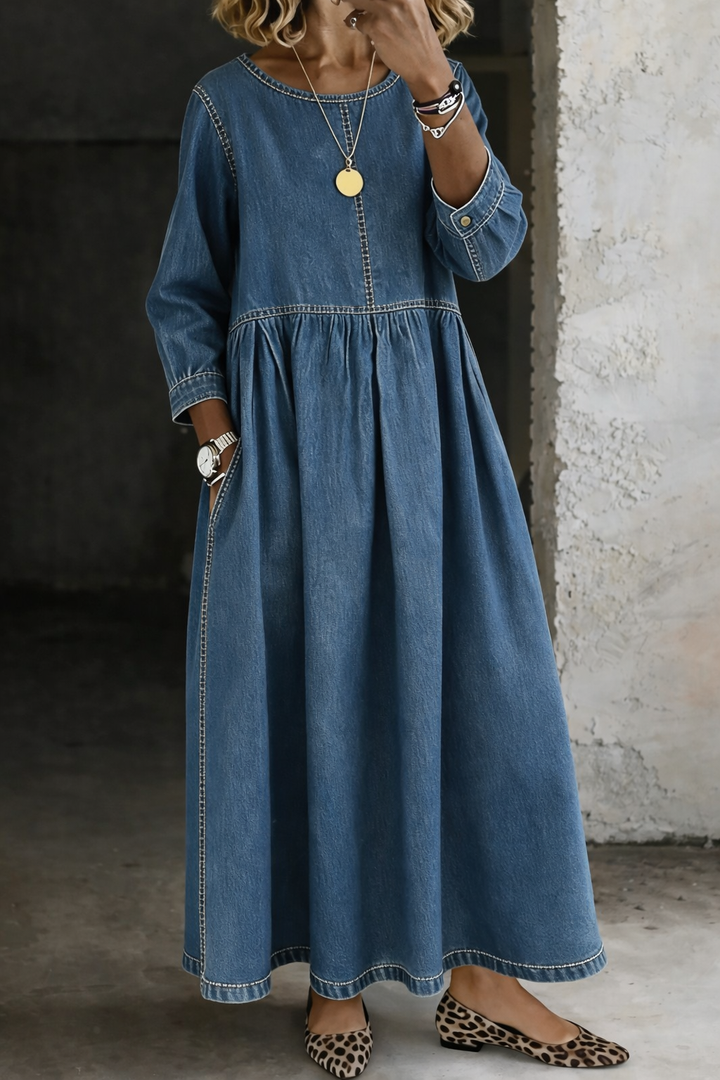 Melissa – Long Sleeve Smocked Denim Midi Dress