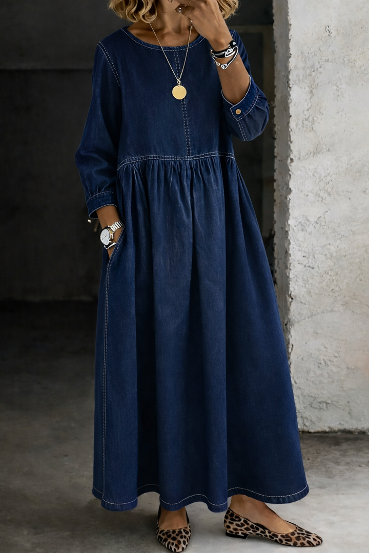 Melissa – Long Sleeve Smocked Denim Midi Dress