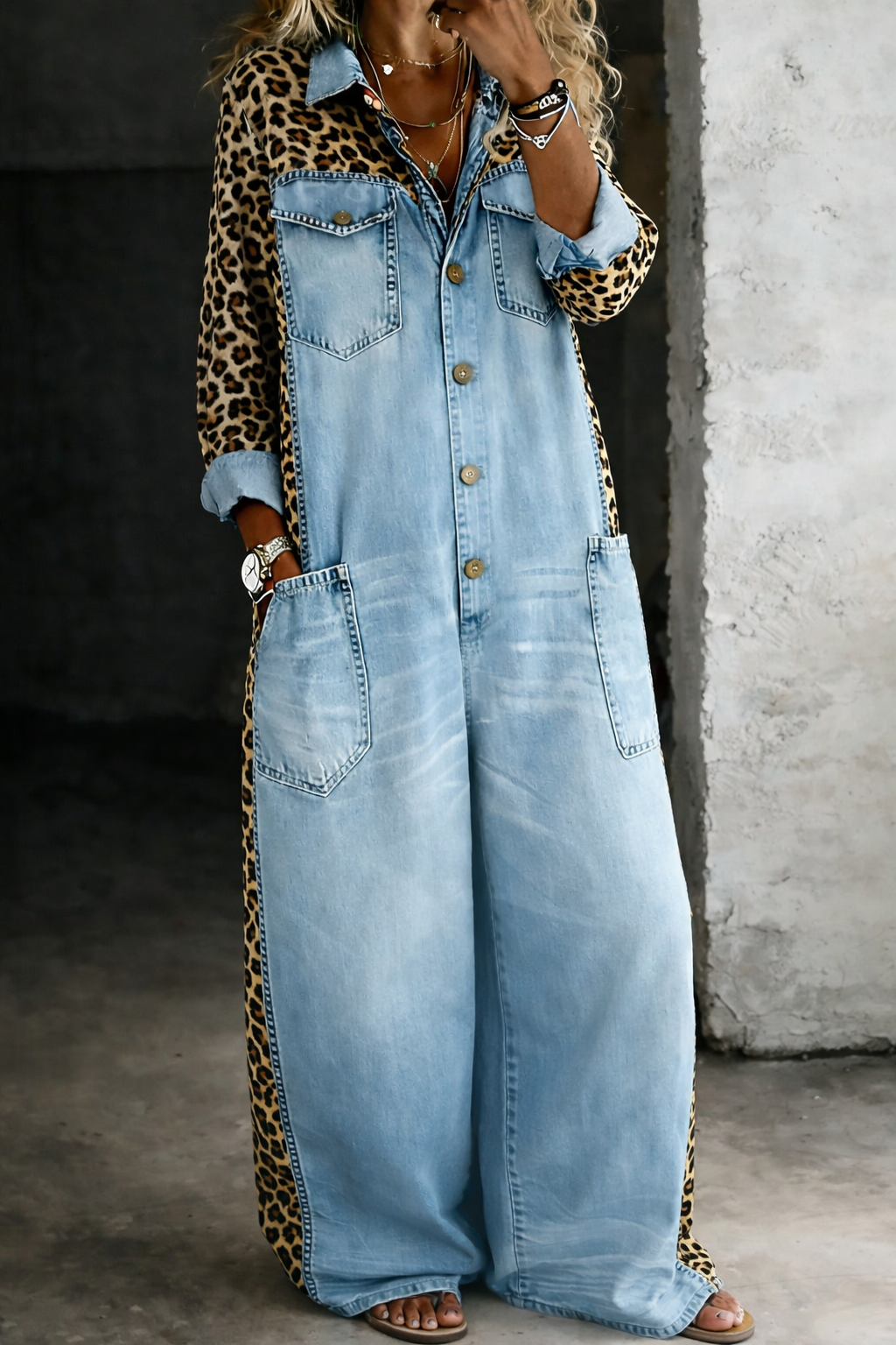 Savannah – Denim and Leopard Print Wide Leg Jumpsuit