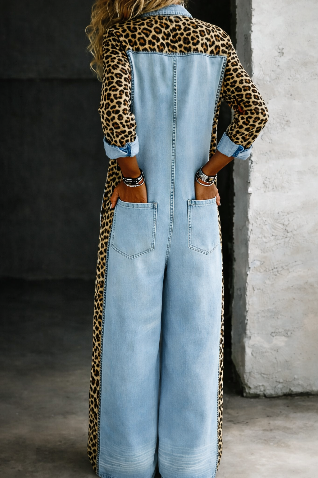 Savannah – Denim and Leopard Print Wide Leg Jumpsuit