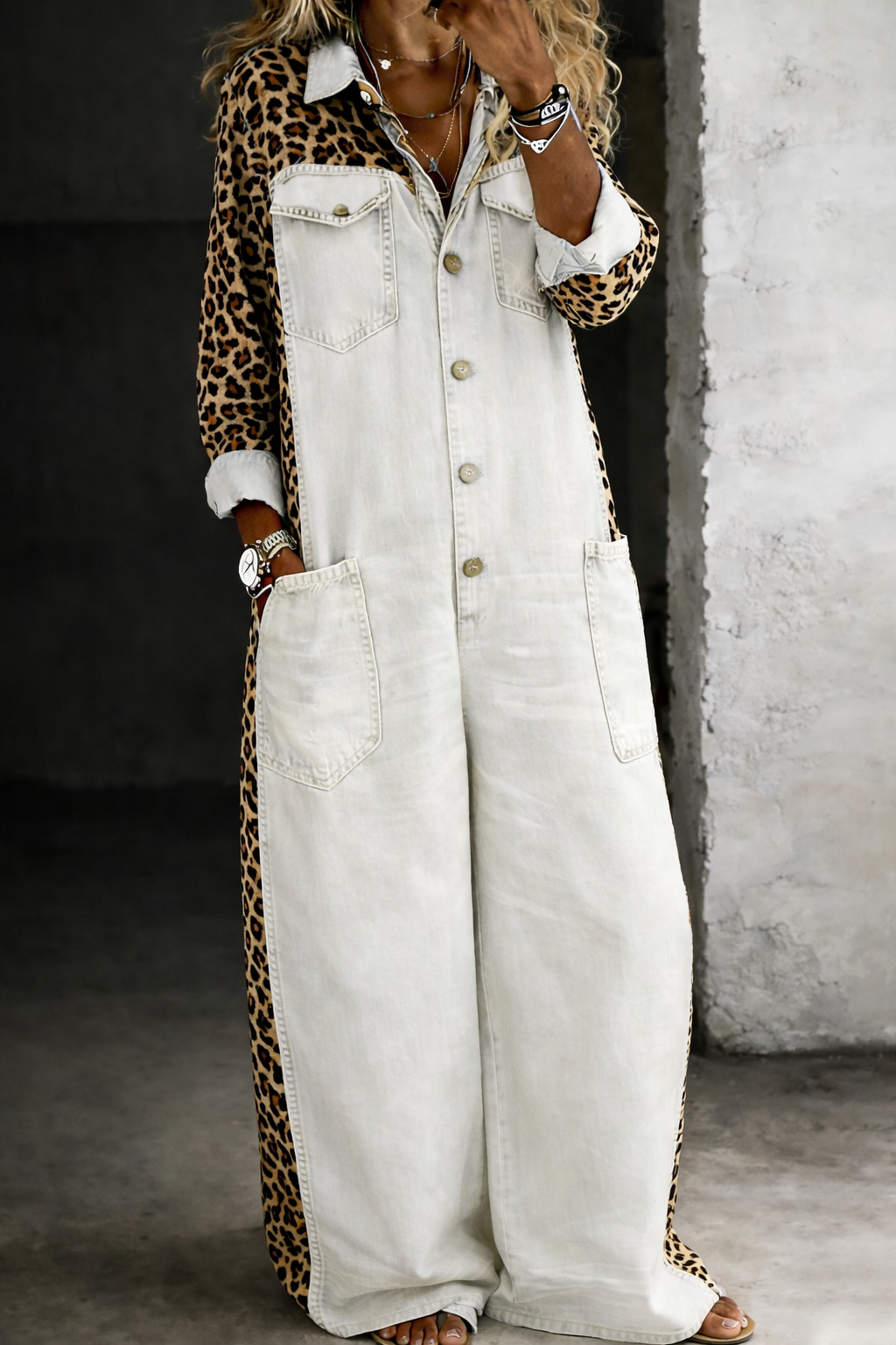 Savannah – Denim and Leopard Print Wide Leg Jumpsuit