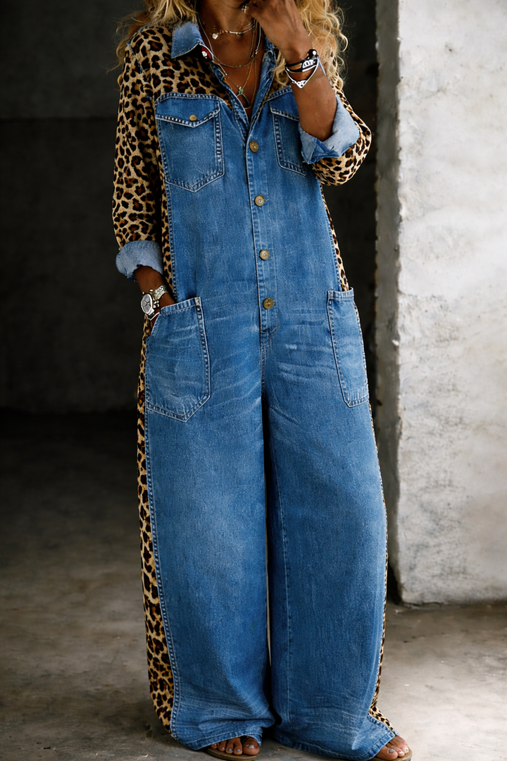 Savannah – Denim and Leopard Print Wide Leg Jumpsuit