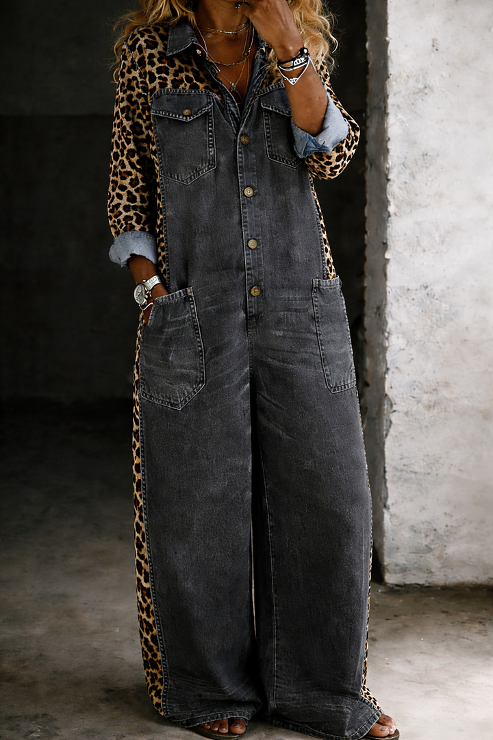 Savannah – Denim and Leopard Print Wide Leg Jumpsuit