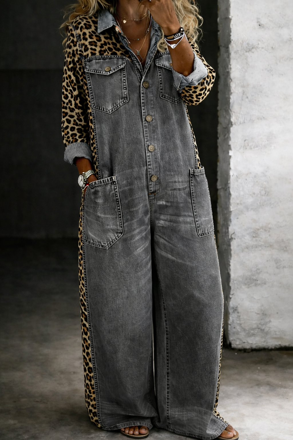 Savannah – Denim and Leopard Print Wide Leg Jumpsuit