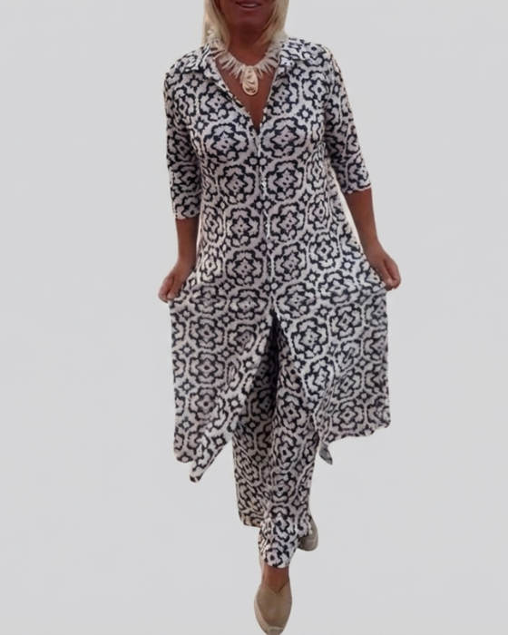 Sloane | Three Quarter Sleeve Tunic Top and Straight Leg Pants Set