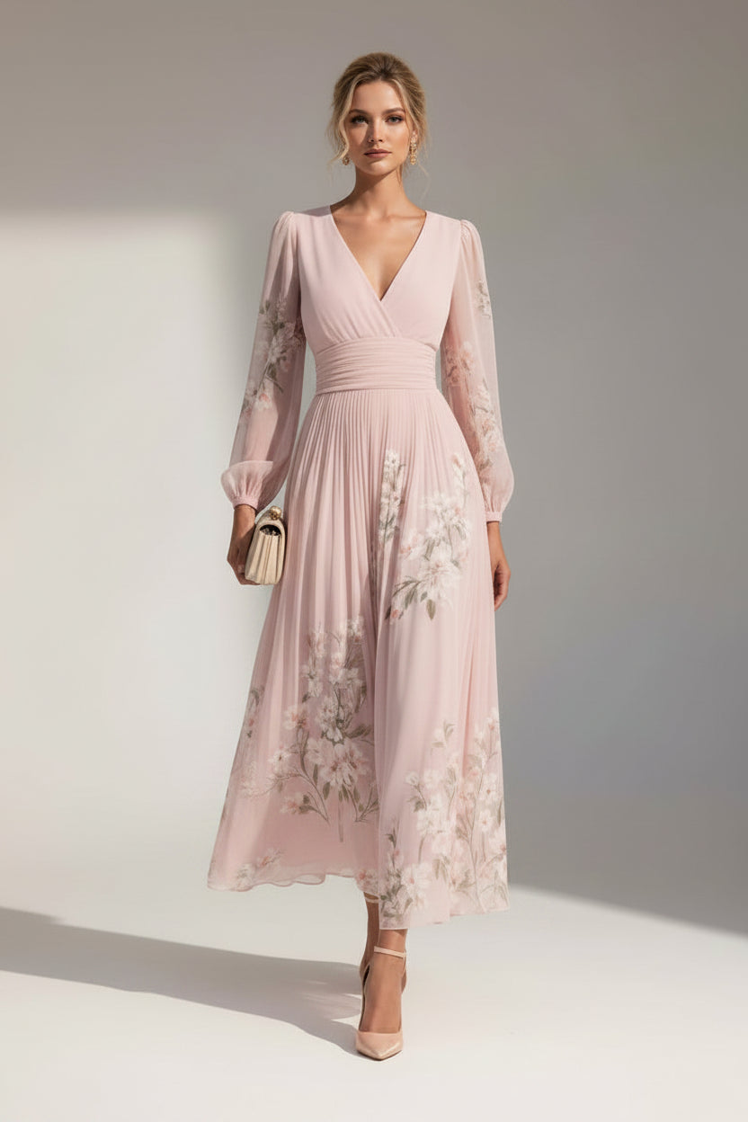 Serena – Floral Midi Dress with Long Sleeves
