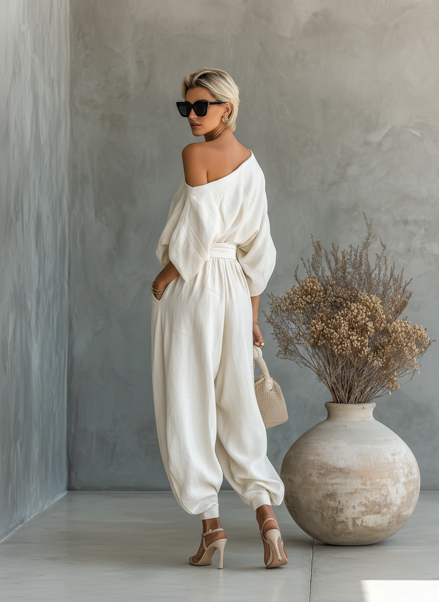Reese | Off Shoulder Long Sleeve Top and Tapered Pants Set