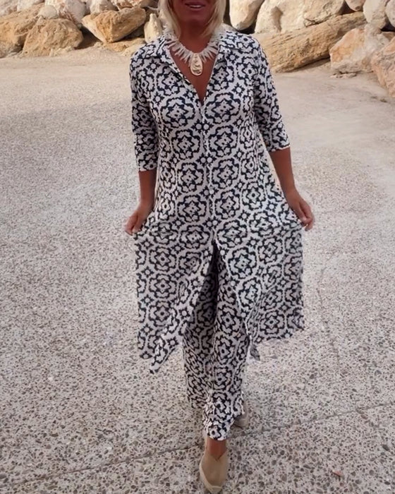 Sloane | Three Quarter Sleeve Tunic Top and Straight Leg Pants Set