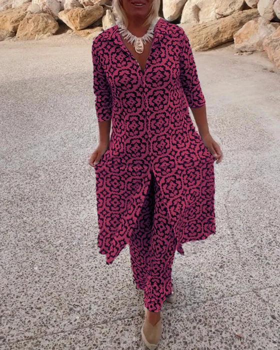 Sloane | Three Quarter Sleeve Tunic Top and Straight Leg Pants Set