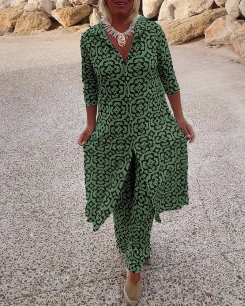 Sloane | Three Quarter Sleeve Tunic Top and Straight Leg Pants Set