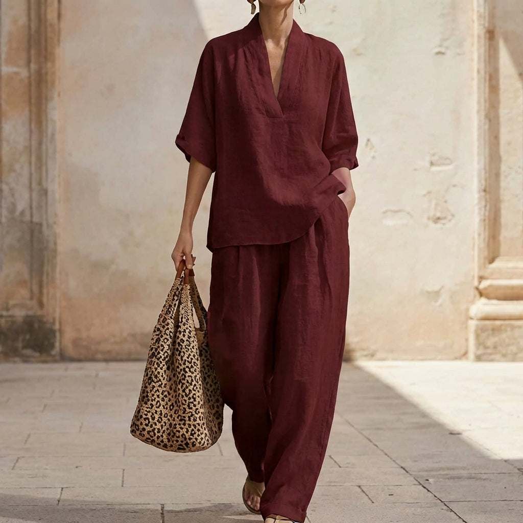Presley | V Neck Half Sleeve Top and Wide Leg Pants Set