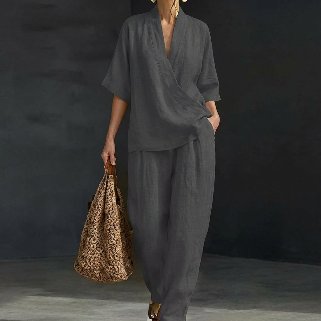 Presley | V Neck Half Sleeve Top and Wide Leg Pants Set