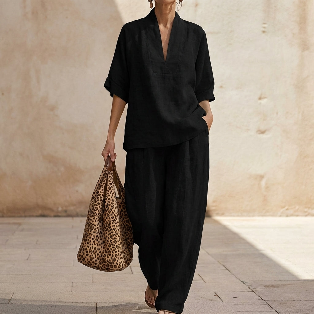 Presley | V Neck Half Sleeve Top and Wide Leg Pants Set