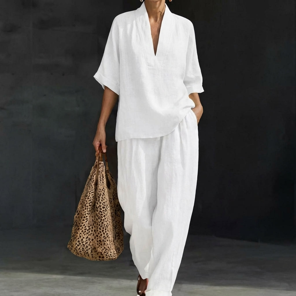 Presley | V Neck Half Sleeve Top and Wide Leg Pants Set