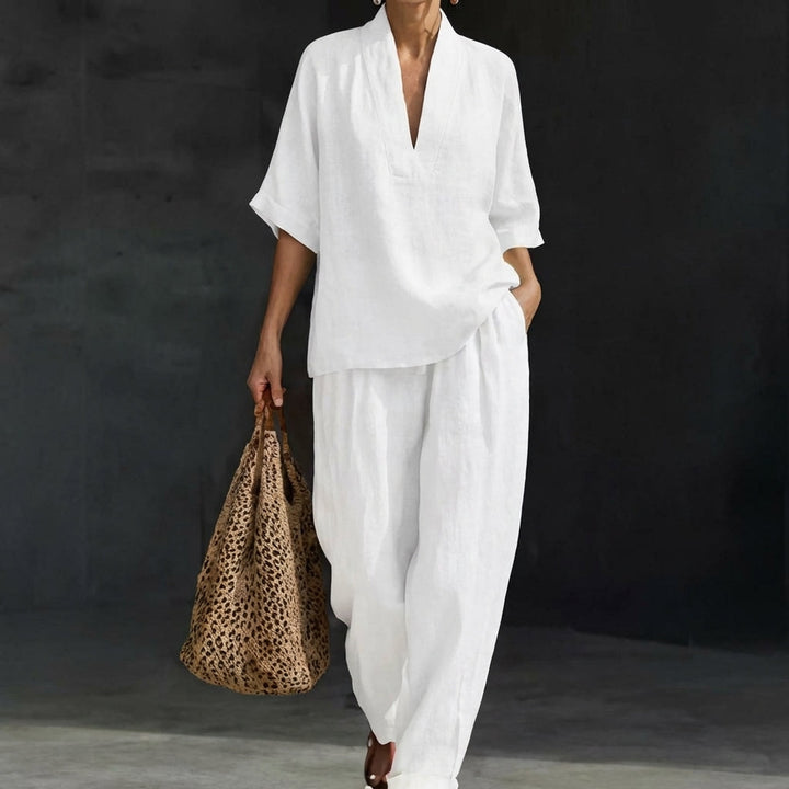Presley | V Neck Half Sleeve Top and Wide Leg Pants Set