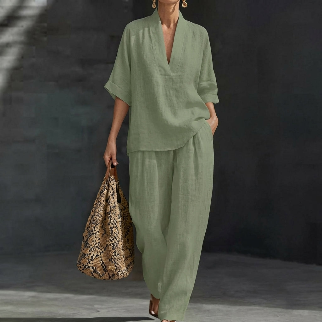 Presley | V Neck Half Sleeve Top and Wide Leg Pants Set