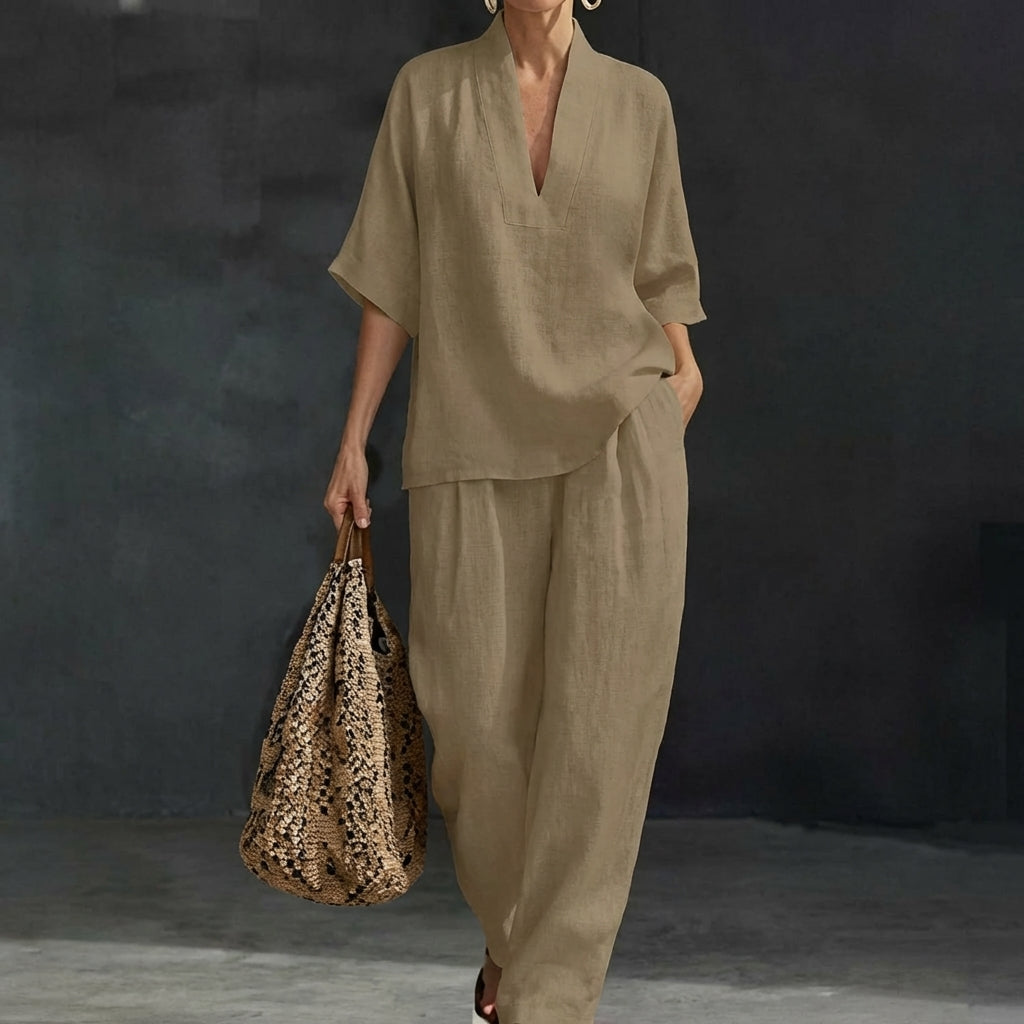 Presley | V Neck Half Sleeve Top and Wide Leg Pants Set