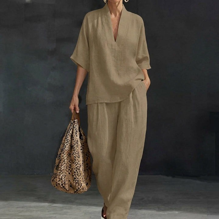 Presley | V Neck Half Sleeve Top and Wide Leg Pants Set