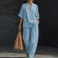 Presley | V Neck Half Sleeve Top and Wide Leg Pants Set