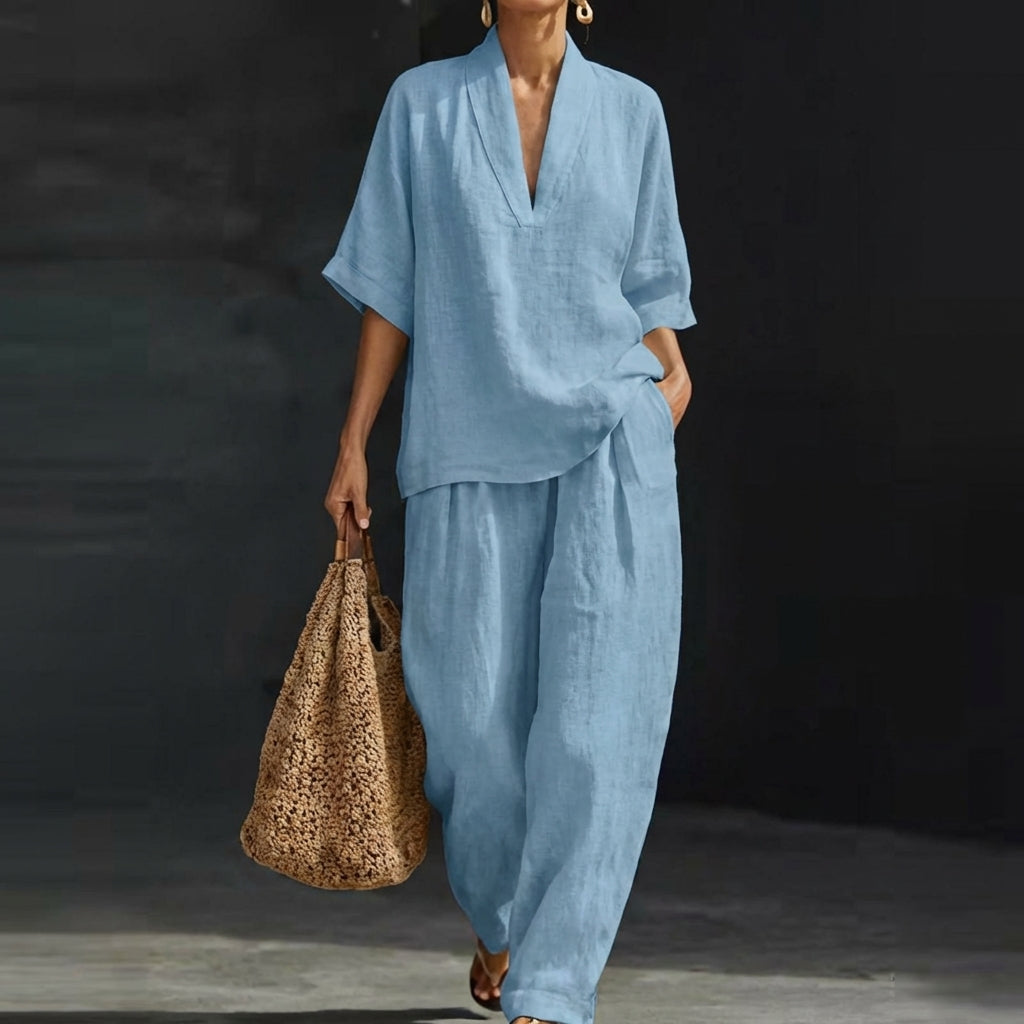 Presley | V Neck Half Sleeve Top and Wide Leg Pants Set