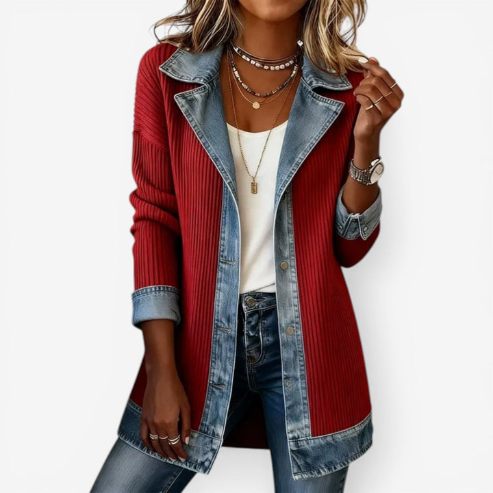 Sloane – Mixed Media Ribbed Knit Denim Jacket