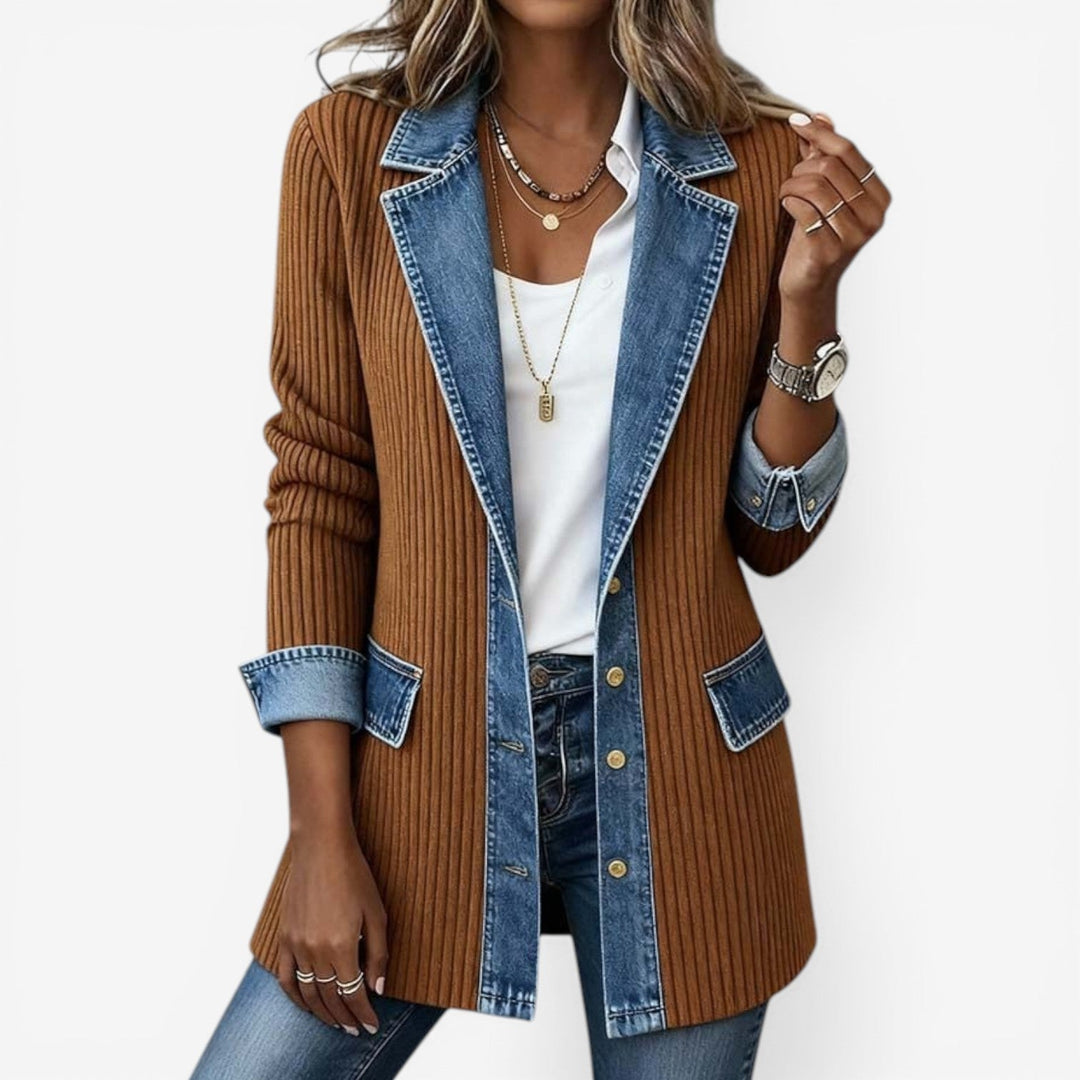 Sloane – Mixed Media Ribbed Knit Denim Jacket