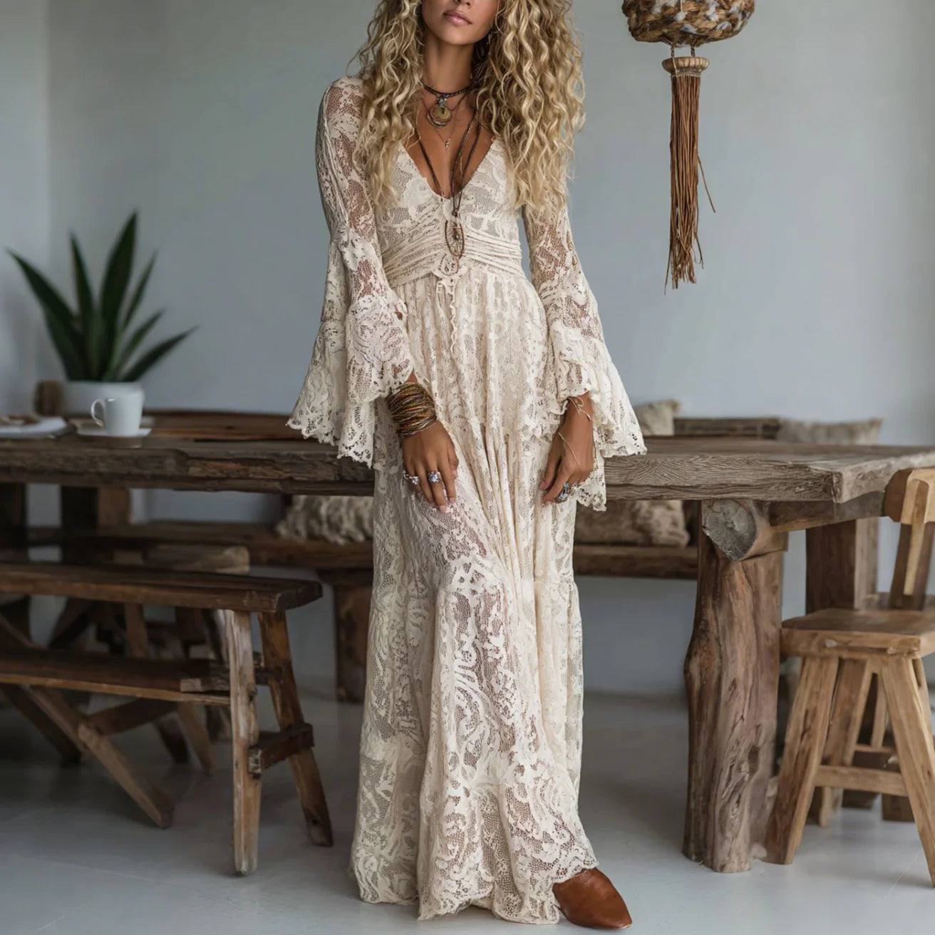 Serena – Boho Lace Maxi Dress with Bell Sleeves